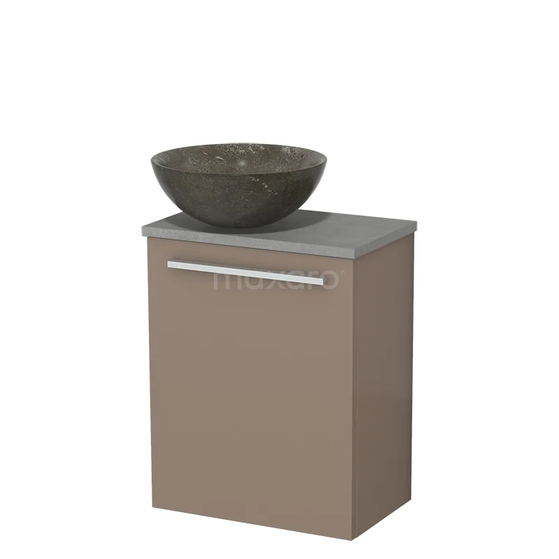 Beige badkamerkast met grijze wastafelblad en ronde stenen waskom, ideaal voor een moderne badkamerstijl.