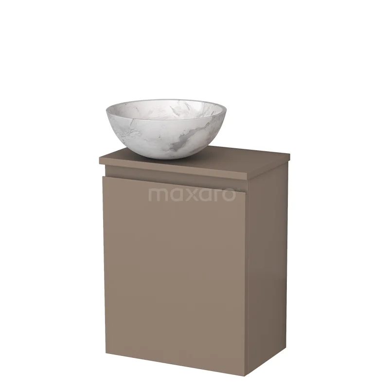 Bruine badkamerkast met mat beige afwerking, bovenop een ronde wastafelkom van wit marmer, ideaal voor moderne badkamers.