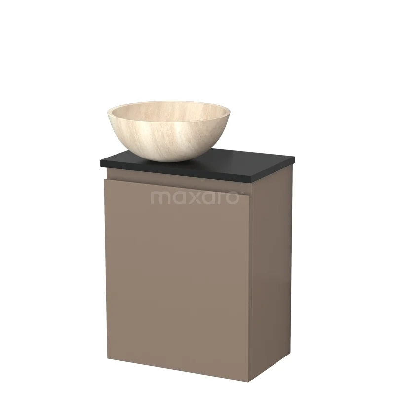 Beige wastafelmeubel met zwarte blad, marmeren opbouwkom, compact ontwerp, ideaal voor een moderne badkamerstijl.