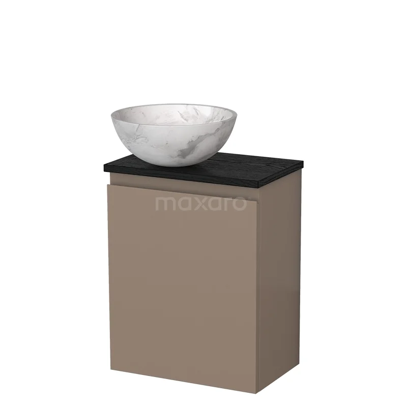 Beige badkamermeubel met zwart blad en witte, marmeren waskom, modern design, ideaal voor stijlvolle badkamerinrichting.