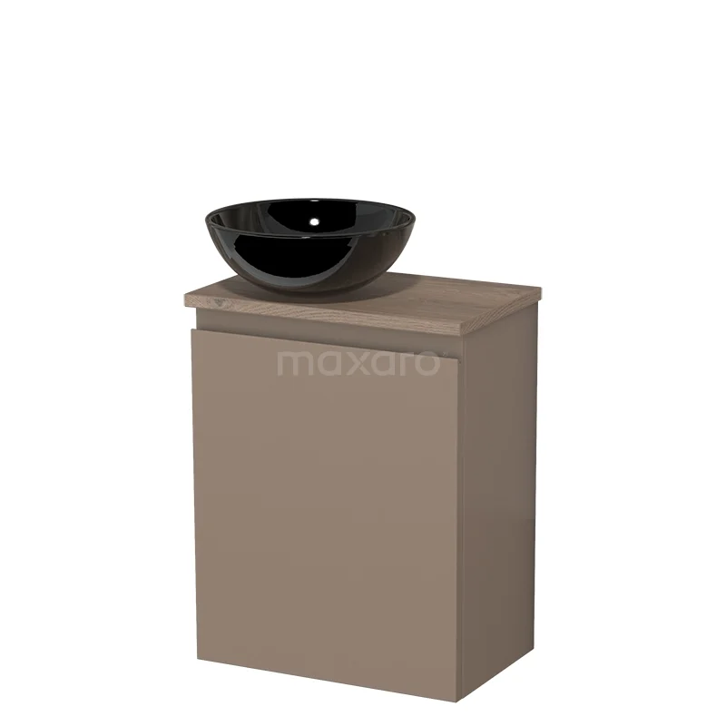 Matbruine badkamermeubelset met zwarte ovale waskom, modern design, ideaal voor een stijlvolle badkamerinrichting.