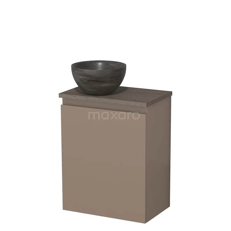 Beige badkamermeubel met geïntegreerde wastafel, keramische kom in donkergrijs, modern design, ideaal voor compacte badkamers.