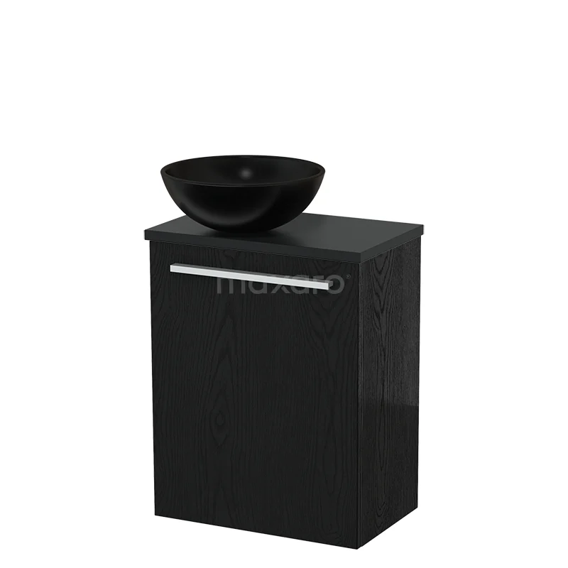Zwart zwevend badkamermeubel met glanzende waskom en softclose deur, stijlvolle toevoeging voor een moderne badkamer.