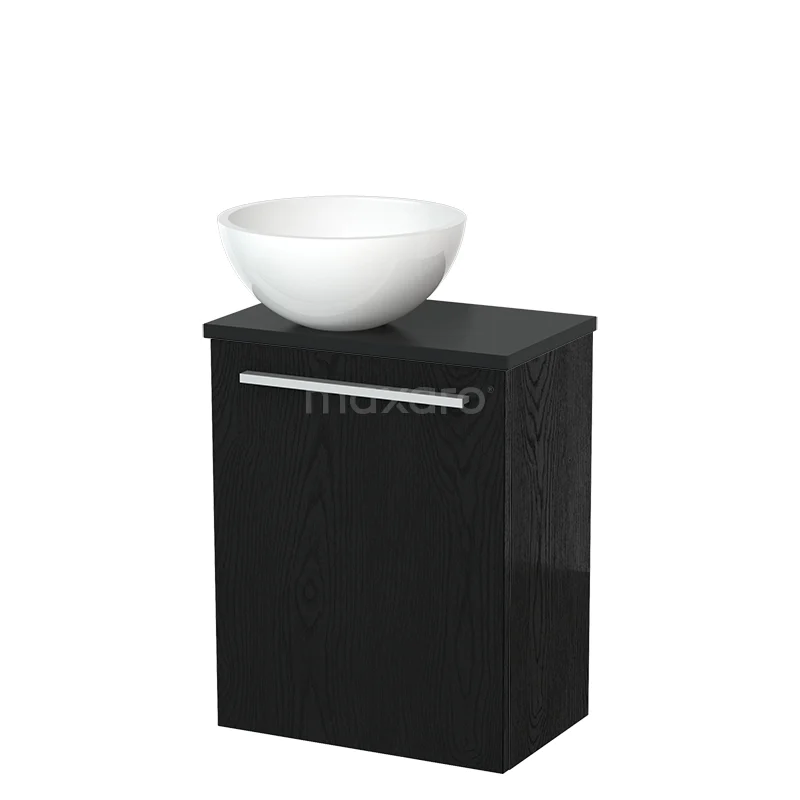 Zwarte badkamerkast met witte ronde waskom, modern design en metalen handgreep, ideaal voor compacte badkamers.