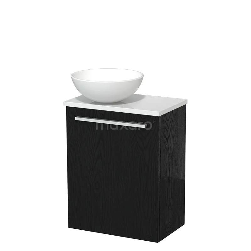 Zwart badkamermeubel met wastafelkom, hoogglans afwerking en chromen handgreep, perfect voor moderne badkamers.