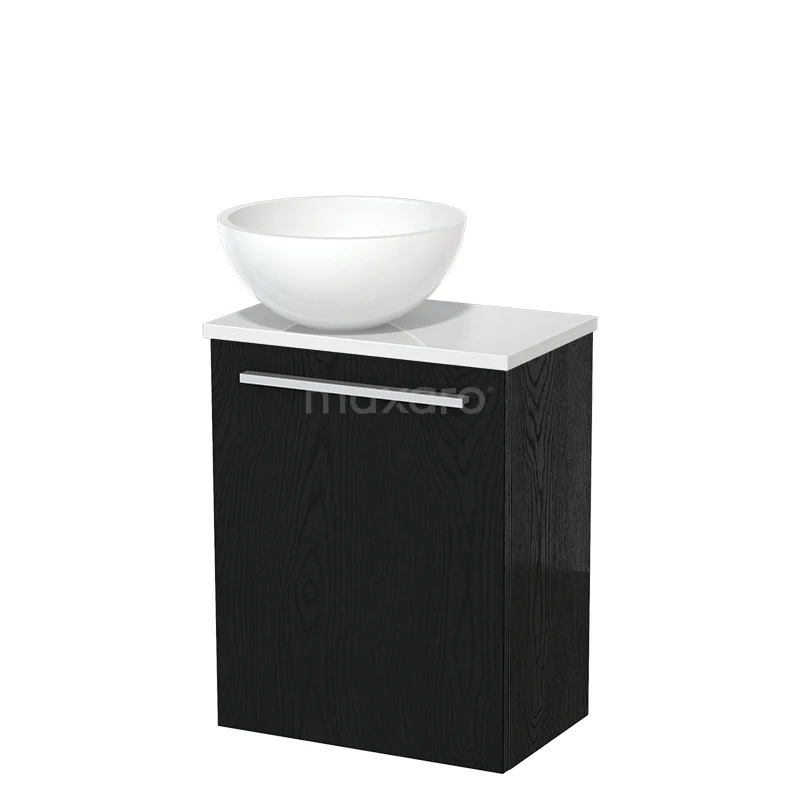 Zwart badkamermeubel met witte keramische waskom, strakke vormgeving en hoogglans afwerking, perfect voor een moderne badkamer.