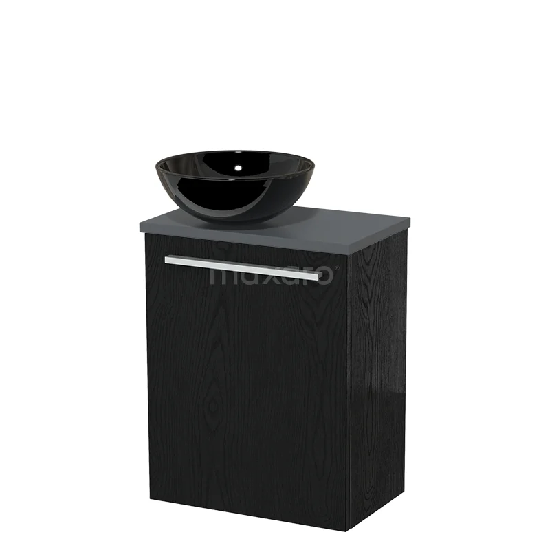 Zwarte wastafelonderkast met glazen waskom, modern design, perfect voor een stijlvolle en compacte badkamerinrichting.