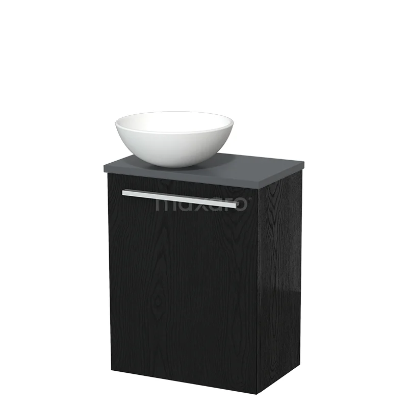 Zwarte badkamermeubelset met wastafelkom, modern design, glanzend afgewerkt hout en strak metalen handvat.