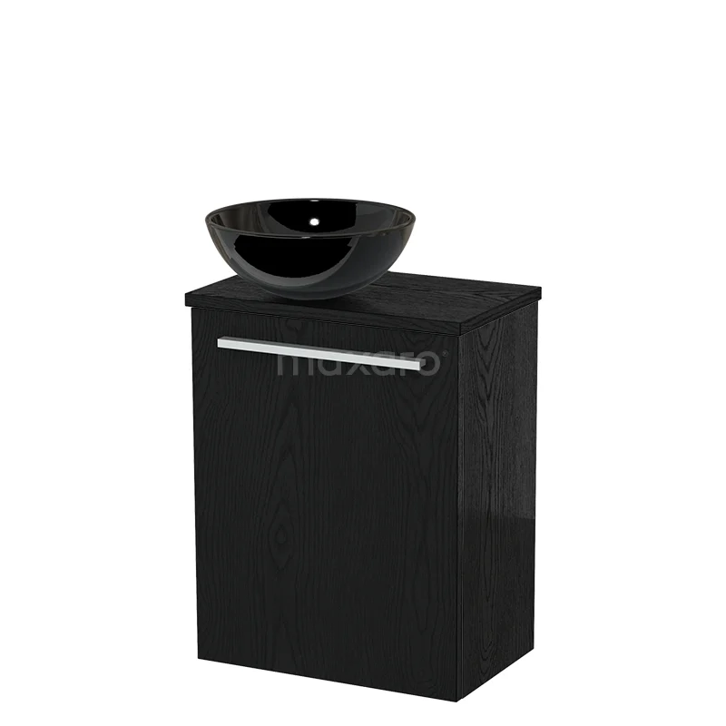 Zwart badkamermeubel met zwart wastafelkom, strak design en opbergruimte, perfect voor moderne badkamers.
