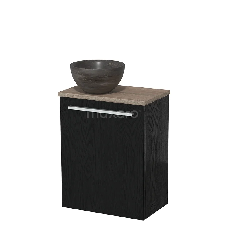 Zwart badkamermeubel met houten blad en keramische waskom, modern design geschikt voor compacte badkamers.