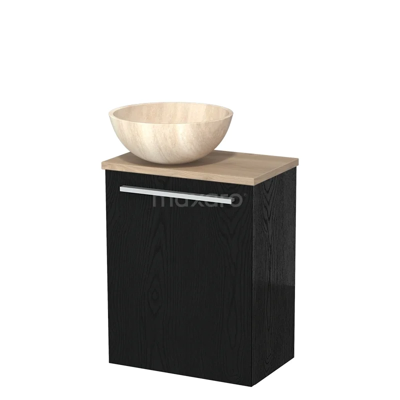 Zwart badkamermeubel met houten waskom, minimalistisch design en modern uitstraling, perfect voor een stijlvolle badkamer.