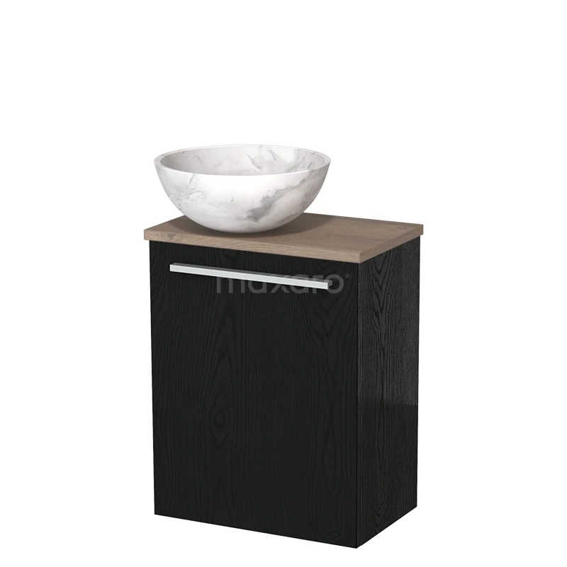 WC-Möbel mit Aufsatzwaschbecken | 41 cm Schwarz Eiche Glatte Front Weißer Marmor Naturstein Aufsatzwaschbecken Mittelbraune Eiche Platte TMK10-13223 Schwarzes Badmöbel mit Holzplatte und weißem Marmor Aufsatzwaschbecken, stilvolles Design für moderne Bäder.