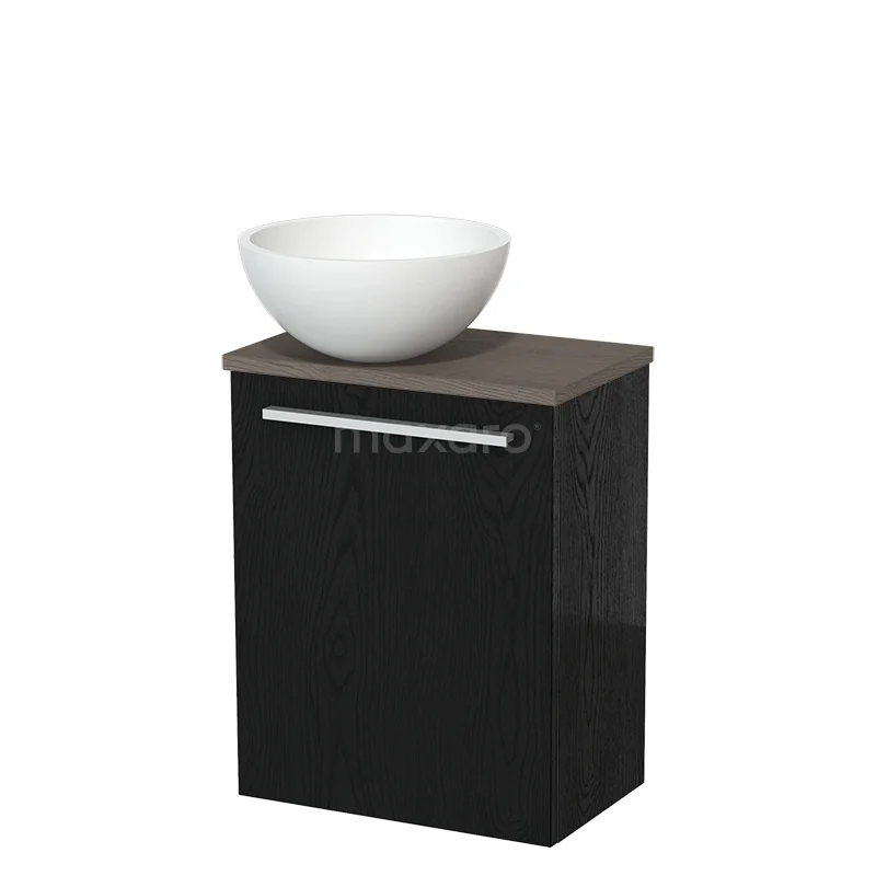 Zwarte badkamerkast met houtlook bovenkant en witte ronde waskom; compact ontwerp, ideaal voor moderne badkamers.