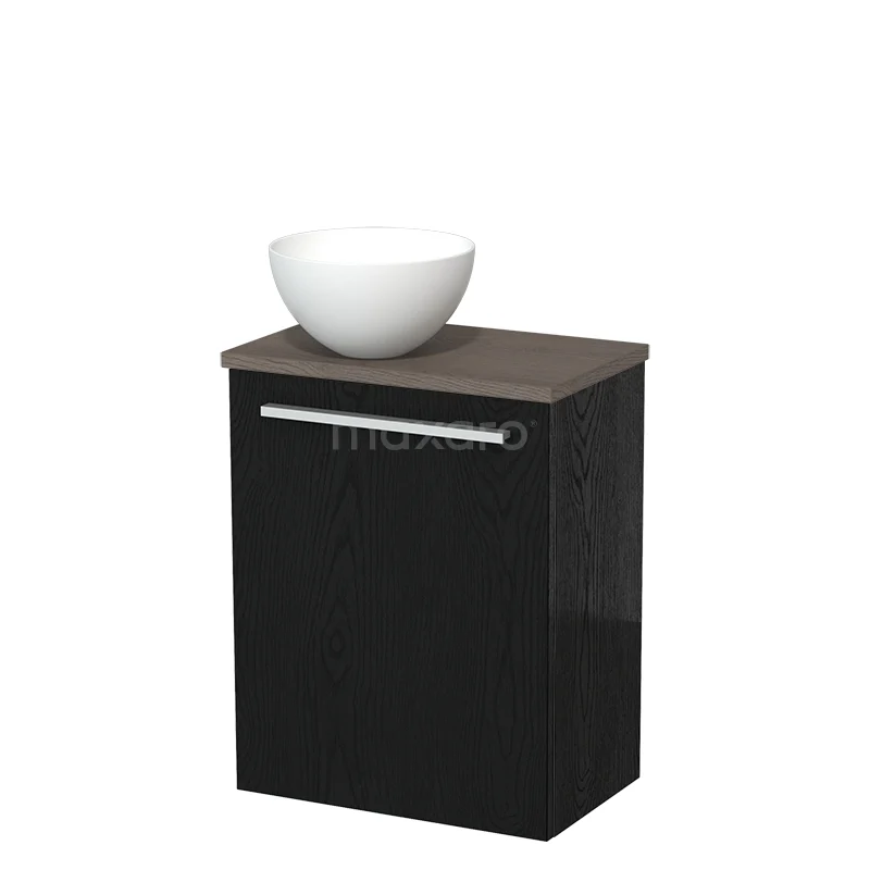 Zwart badkamermeubel met glanzende afwerking, houten blad en witte opzetwastafel, ideaal voor een moderne badkamerstijl.