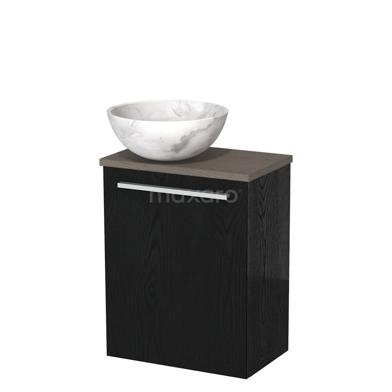 Zwart badkamermeubel met houten blad en witte marmeren kom, compact ontwerp ideaal voor moderne badkamers.
