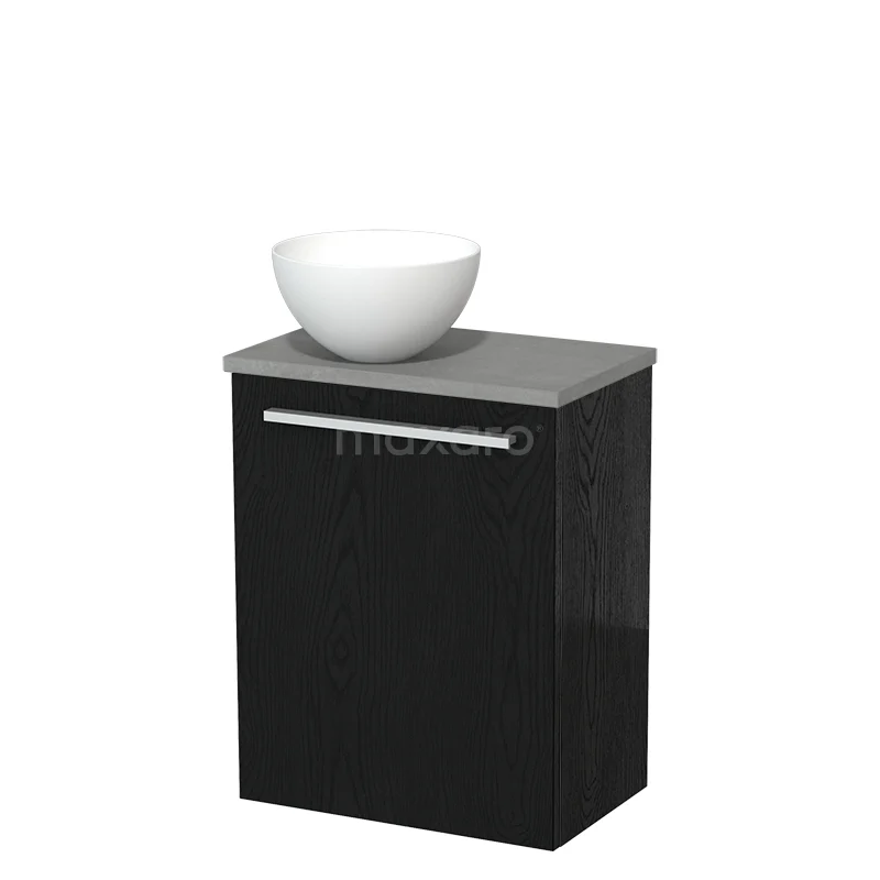 Zwart badkamermeubel met grijs blad en witte ronde waskom, modern design met opbergruimte.