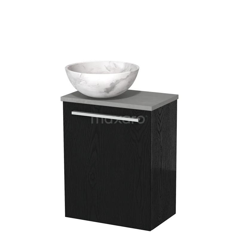 Zwart badkamermeubel met een grijs blad, enkele deur en een ronde, witte wastafel van marmer voor een moderne badkamerstijl.
