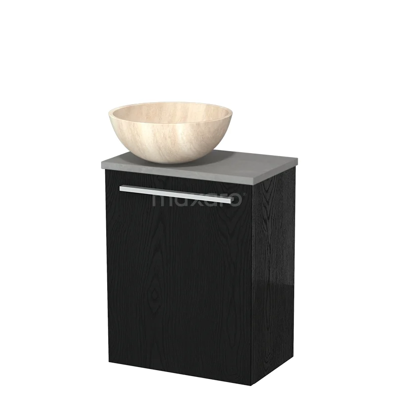 Zwarte badkamermeubelset met grijze top, houten waskom en metalen handgreep, modern en compact design.