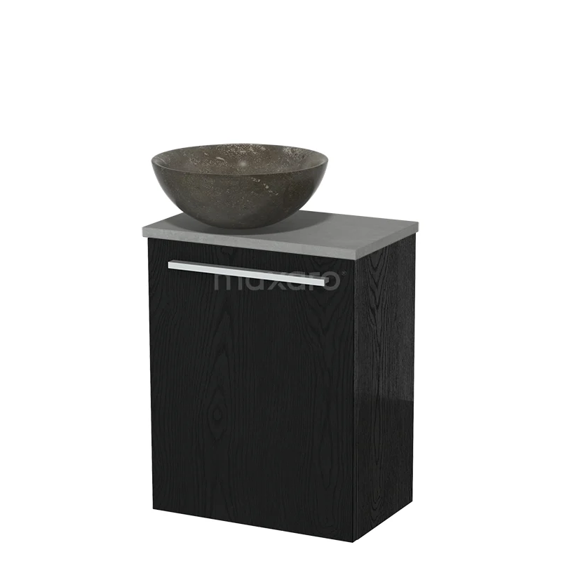 WC-Möbel mit Aufsatzwaschbecken | 41 cm Schwarze Eiche Glatte Front Blaustein Naturstein Aufsatzwaschbecken Hellgrauer Beton Platte TMK10-13265 Schwarzer Badschrank mit grauer Platte und Natursteine Aufsatzwaschbecken, modernes Design, ideal für ein stilvolles Badezimmer.