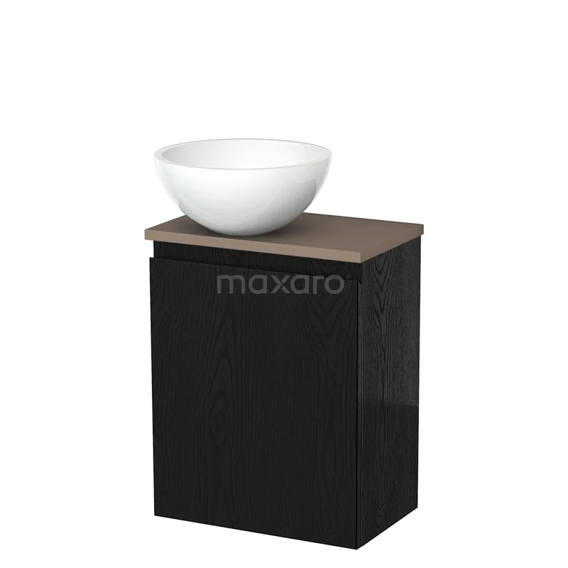 Zwart badkamermeubel met houten blad en opzetwastafel, modern design, praktisch voor compacte badkamers.