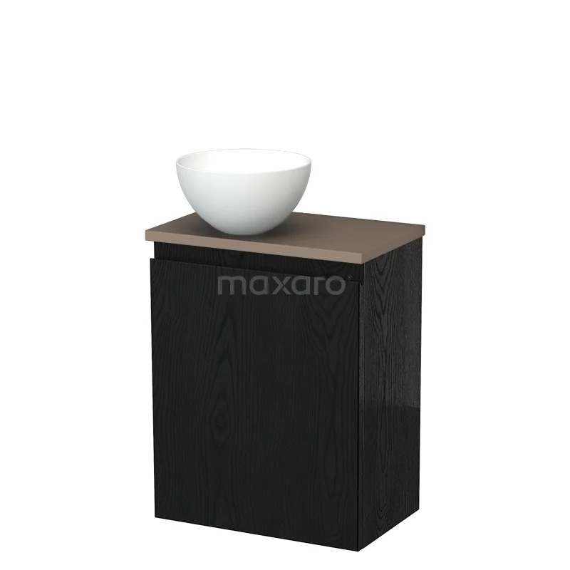 Zwart badkamermeubel met houten blad en witte waskom, modern design van hoogwaardig materiaal.