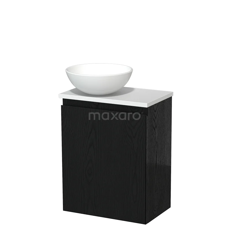 Zwarte badkamerkast met witte wastafelkom, modern design, gemonteerd op wit marmeren blad voor een stijlvolle badkamer.