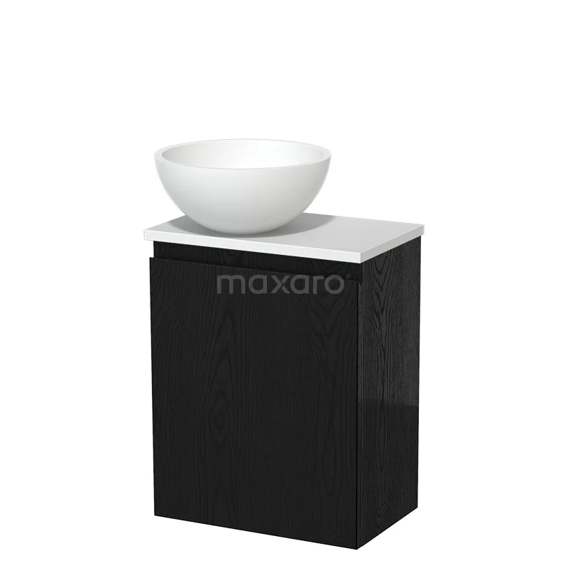Zwart houten badkamermeubel met witte wastafelkom en marmeren blad, compact design passend voor moderne badkamers.