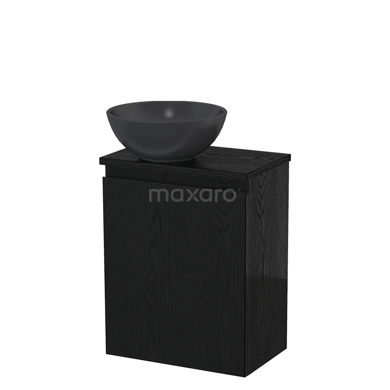 Zwart badkamermeubel met keramische waskom, compact ontwerp, ideaal voor moderne badkamers.