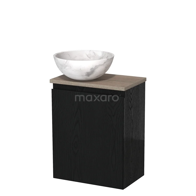 Black bathroom unit with wood-look worktop and round marble countertop wash basin, modern design suitable for compact bathrooms.