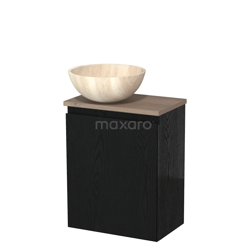 Zwarte badkamerkast met houten blad en keramische waskom; compact ontwerp voor moderne badkamers.