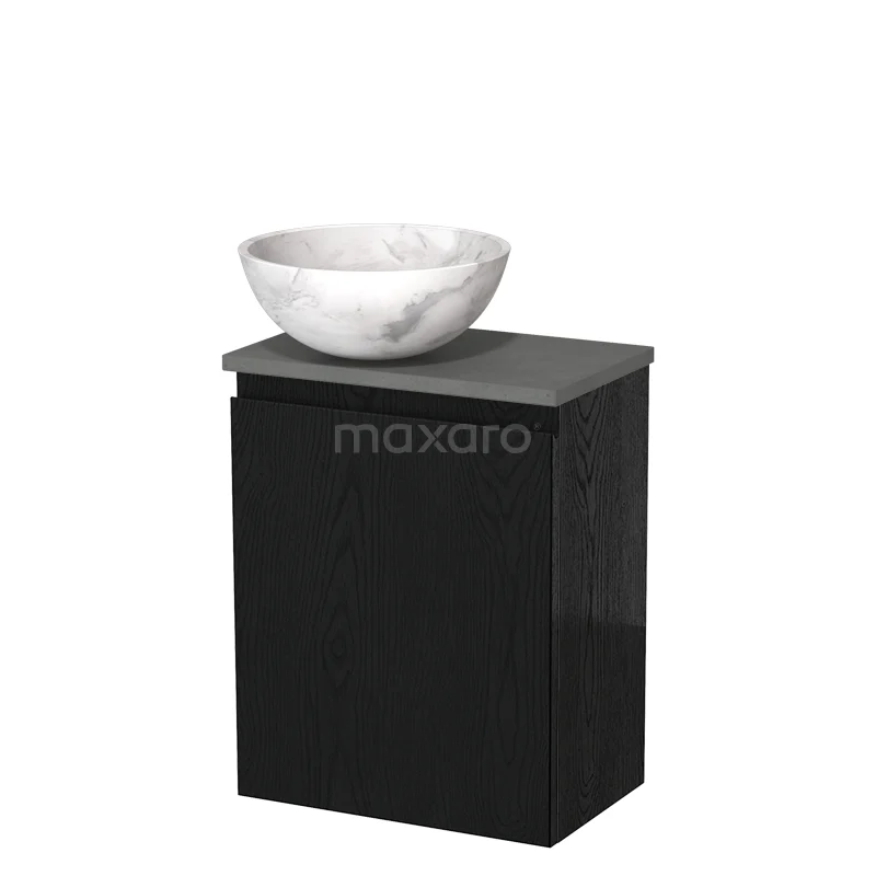 Zwarte badkamerkast met betonlook blad en ronde witte marmeren wastafelkom, ideaal voor een moderne badkamerstijl.