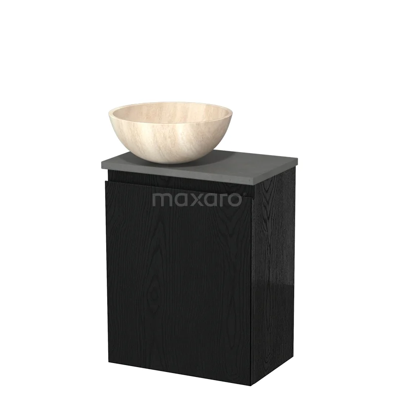 Zwart badkamermeubel met houtkleurige waskom, compact design, gemaakt van duurzaam materiaal. Perfect voor moderne badkamers.